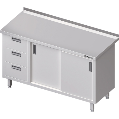 Stół przyścienny z blokiem trzech szuflad (L),drzwi suwane 1500x600x850 mm