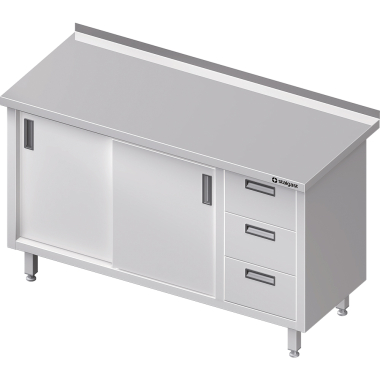 Stół przyścienny z blokiem trzech szuflad (P),drzwi suwane 1300x600x850 mm