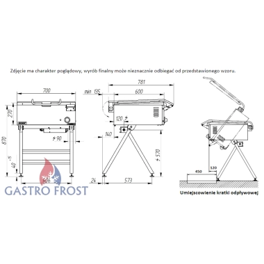 Patelnia elektryczna 37 l, 700x600x870 mm, 6,5 kW | 000.PE-025S kromet